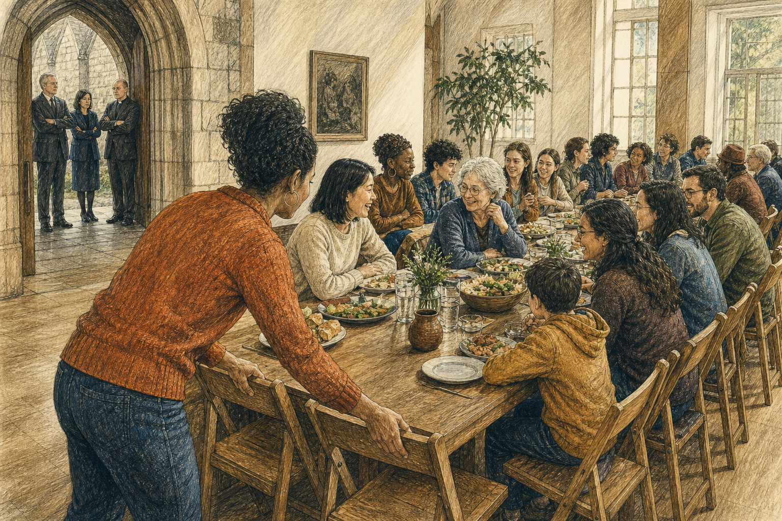 Editorial illustration of a long crowded table being extended with extra chairs, while a small closed circle of people looks on from a church doorway.