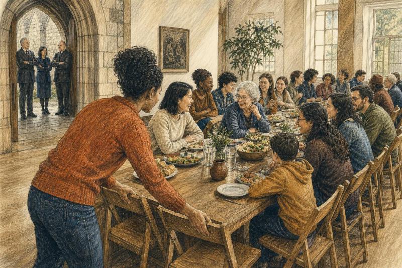Editorial illustration of a long crowded table being extended with extra chairs, while a small closed circle of people looks on from a church doorway.