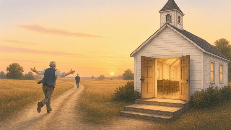 Colored-pencil illustration of the same small white clapboard country church at sunrise under a pale gold and peach sky. Its two wooden front doors stand open, warm light falling across rows of empty pews, and the wooden steps are bare. On the dirt road winding away through dry grass, an older gray-haired man in a vest and shirtsleeves runs away from the church with his arms flung open, toward a young man farther down the road who walks toward him carrying a small dark book.