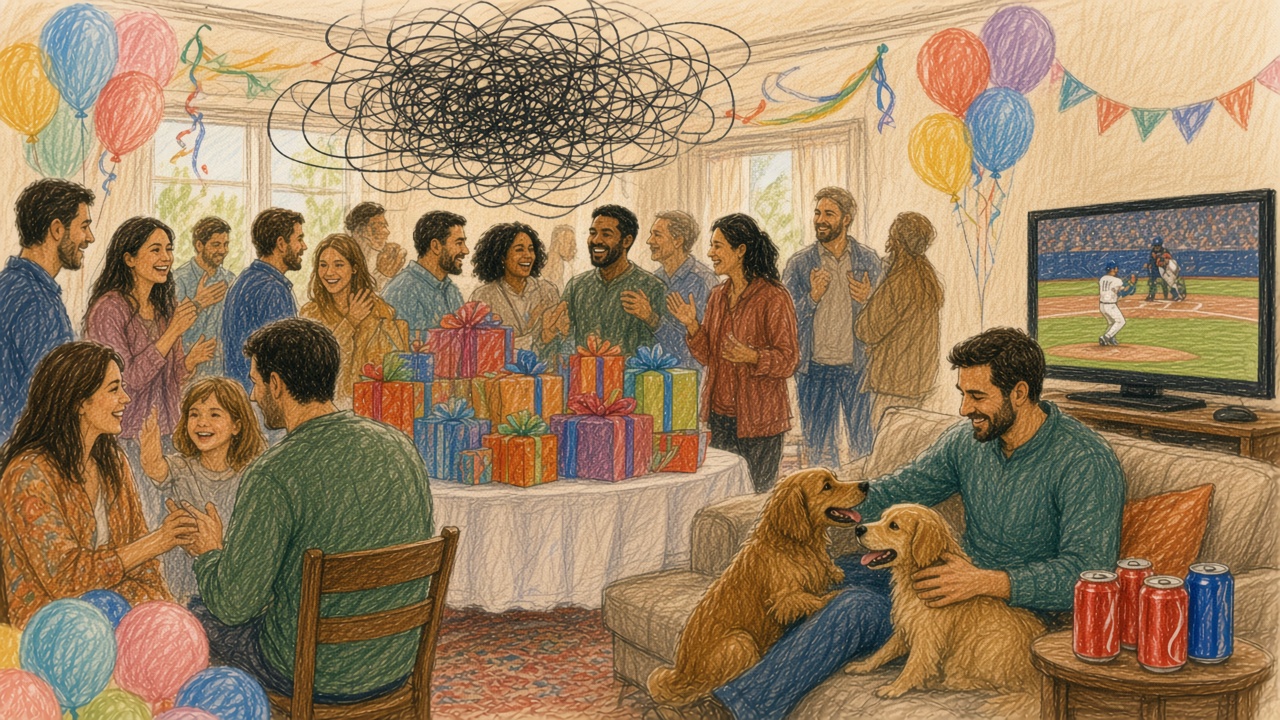 Colored-pencil illustration of a crowded, cheerful baby shower: pastel balloons, bunting, and a table piled with wrapped gifts, surrounded by smiling guests in conversation. Above their heads, their talk is drawn as one dense, tangled black scribble. In the right corner, a bearded man sits on a couch, smiling and petting two golden dogs, with a baseball game on the TV beside him. On a side table next to him stand three red soda cans and one blue one.