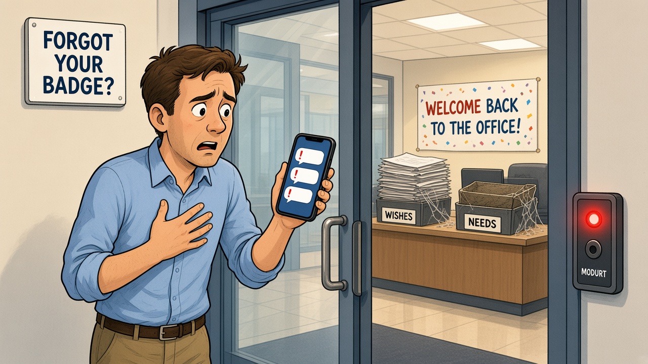 Editorial cartoon: an anxious employee, hand pressed to his chest, stands locked outside a glass office door holding a phone showing unanswered messages, beside a badge reader glowing red and a wall sign reading forgot your badge? with nothing written under the heading; inside, a confetti poster reads welcome back to the office over a reception desk holding an overflowing tray labeled wishes and an empty cobwebbed tray labeled needs.