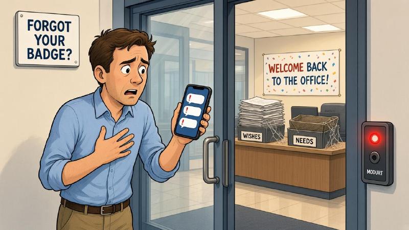 Editorial cartoon: an anxious employee, hand pressed to his chest, stands locked outside a glass office door holding a phone showing unanswered messages, beside a badge reader glowing red and a wall sign reading forgot your badge? with nothing written under the heading; inside, a confetti poster reads welcome back to the office over a reception desk holding an overflowing tray labeled wishes and an empty cobwebbed tray labeled needs.