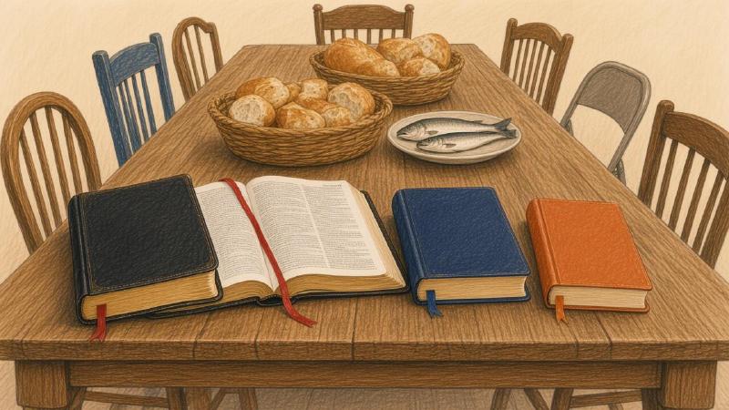 Colored-pencil illustration of a long wooden kitchen table set for a crowd that has not arrived yet. In the foreground lie four Bibles side by side: a black leather one with gilt edges, a large one lying open with a red ribbon across its pages, a navy blue one, and a burnt-orange one, each with a ribbon marker. Behind them sit two woven baskets heaped with bread rolls and a plate of two small fish. Mismatched empty chairs surround the table: wooden spindle-backs, a blue-painted chair, and a gray metal folding chair.