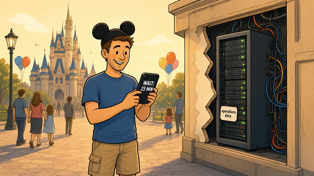 Editorial cartoon in warm golden light: a smiling man in a t-shirt, shorts, and mouse ears checks a phone reading wait 25 min in a theme-park plaza, with a castle, balloons, and strolling families behind him; a cutaway in a nearby wall reveals a tidy server rack tagged operations data, green lights on, quietly serving the number.