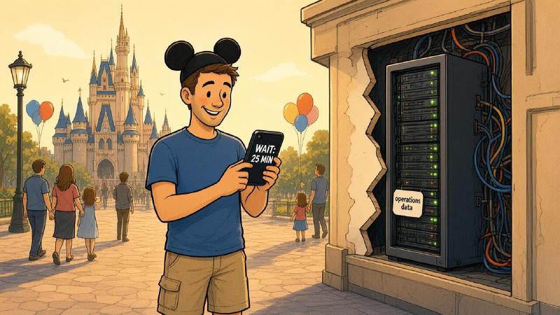 Editorial cartoon in warm golden light: a smiling man in a t-shirt, shorts, and mouse ears checks a phone reading wait 25 min in a theme-park plaza, with a castle, balloons, and strolling families behind him; a cutaway in a nearby wall reveals a tidy server rack tagged operations data, green lights on, quietly serving the number.