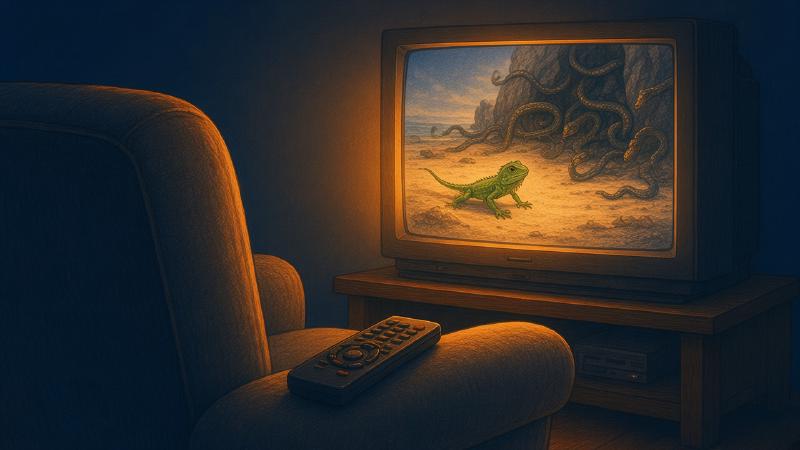 Colored-pencil illustration of a dim living room at night. An empty armchair fills the foreground, with a remote control resting on its seat. Across the room, an old television on a wooden stand glows: a green iguana hatchling runs across a pale beach while dark snakes pour out of the rocks.