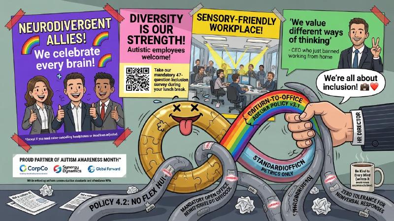 Editorial cartoon: cheerful corporate inclusion posters — neurodivergent allies, sensory-friendly workplace — taped to an office wall above a tangle of chains labeled with return-to-office and no-flexibility policies, gripped by a hand labeled HR Director saying we're all about inclusion.