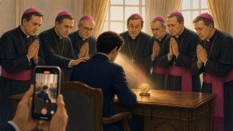 Colored-pencil illustration: in a sunlit oval office, a man in a dark suit sits at a carved wooden desk with his back to the viewer and his head bowed. Seven Catholic bishops in black cassocks, magenta sashes, and skullcaps stand behind him with their hands folded in prayer, one resting a hand on his shoulder. A small gold commemorative coin glows on the desk. In the foreground, a hand holds up a phone that is recording the scene.