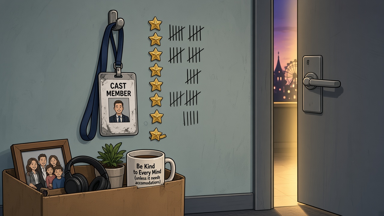 Editorial cartoon: a worn Cast Member ID badge hangs on a wall hook beside eleven service-star pins and tally marks counting eleven years; below, a cardboard box holds packed desk belongings including a mug reading Be Kind to Every Mind, unless it needs accommodations, while an office door stands ajar on a theme-park skyline at dusk.