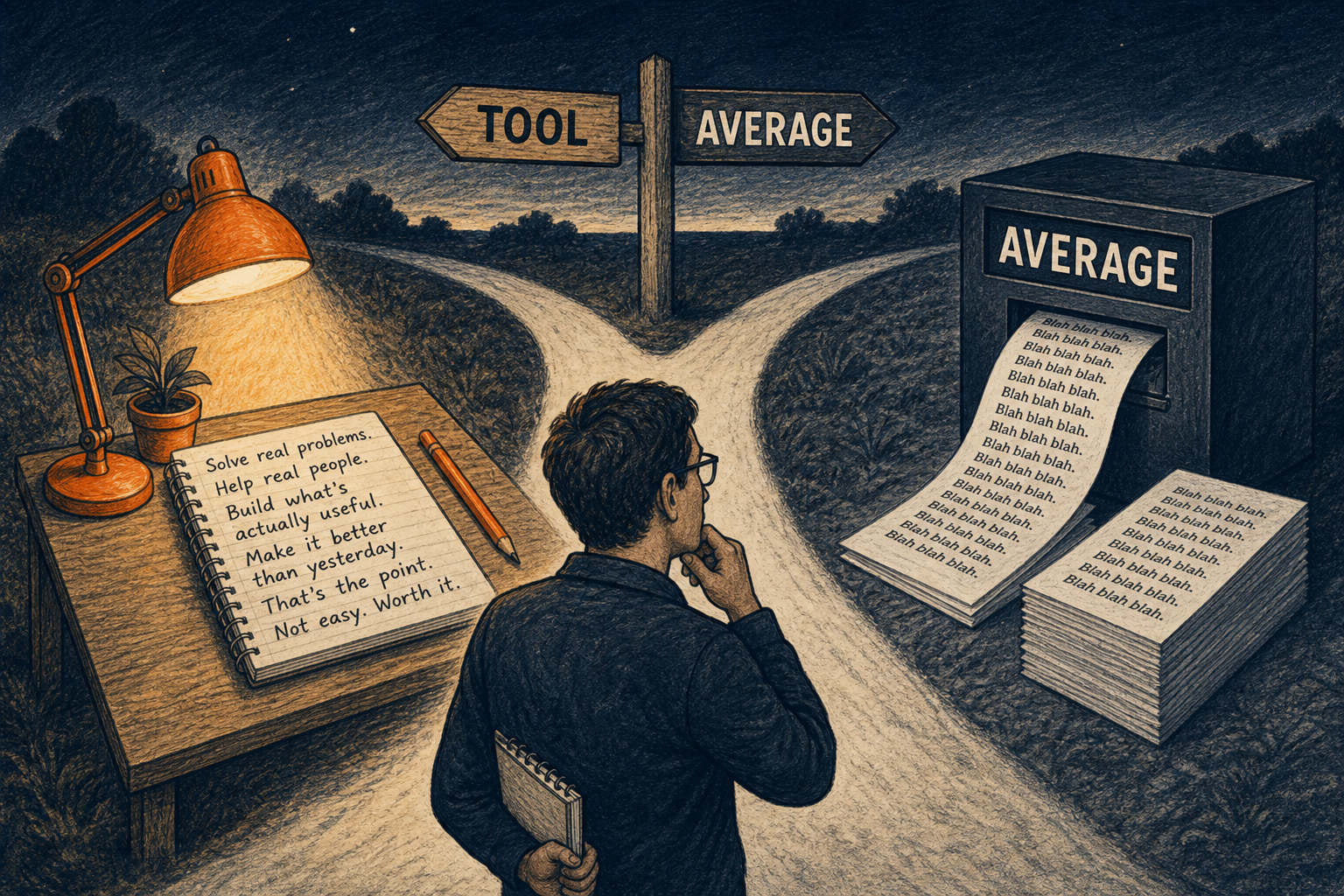Editorial illustration: a person at a fork in a dirt road. Left path labeled TOOL leads to a lamp-lit desk with handwritten notes. Right path labeled AVERAGE leads to a black box printing identical gray text.