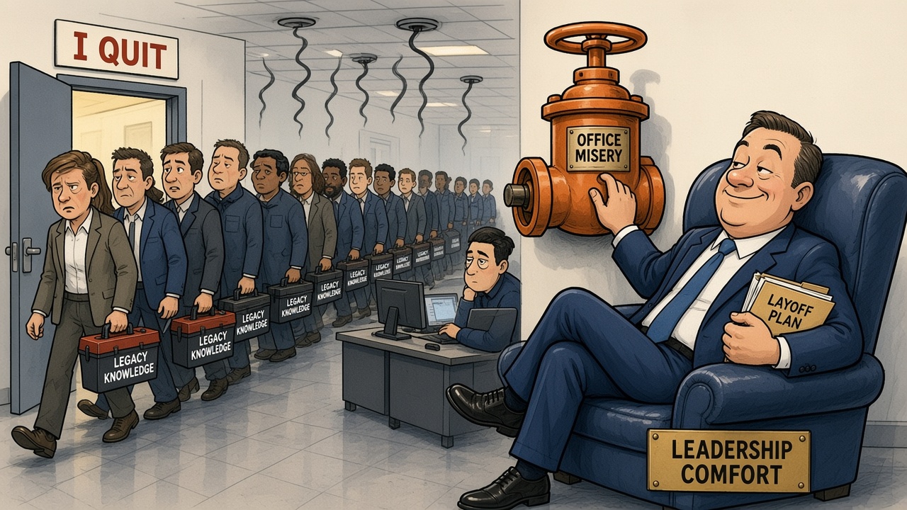 Editorial cartoon: a smug executive lounges in an oversized armchair labeled leadership comfort, clutching a folder marked layoff plan while turning a large wall valve labeled office misery that sends dark squiggles from the ceiling vents; a long line of weary employees carrying toolboxes labeled legacy knowledge files out a door marked I quit, while one lone developer remains at a desk in the emptying office.