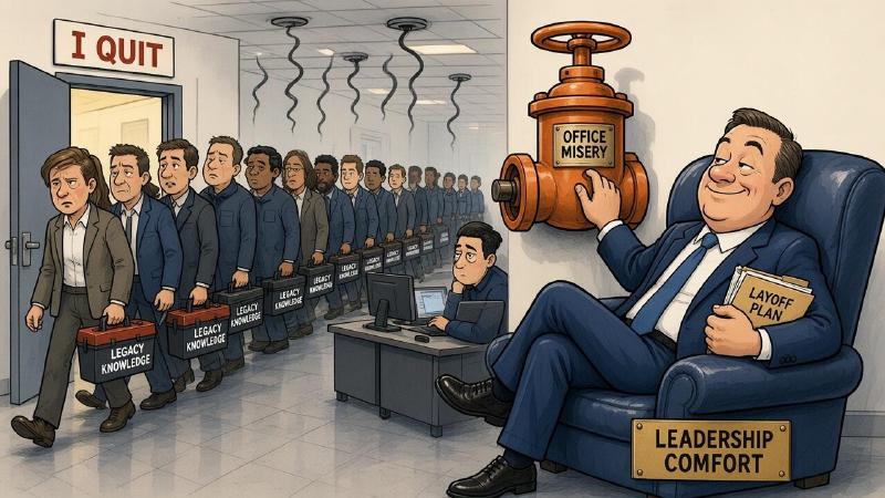 Editorial cartoon: a smug executive lounges in an oversized armchair labeled leadership comfort, clutching a folder marked layoff plan while turning a large wall valve labeled office misery that sends dark squiggles from the ceiling vents; a long line of weary employees carrying toolboxes labeled legacy knowledge files out a door marked I quit, while one lone developer remains at a desk in the emptying office.