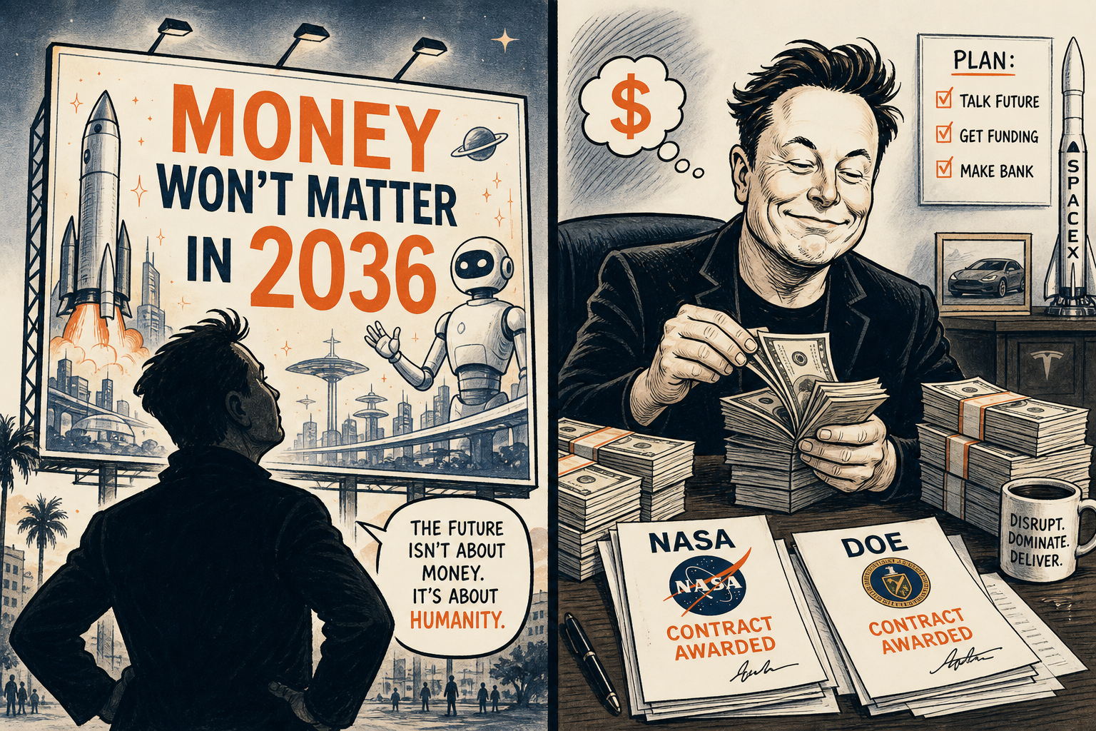 Political cartoon split panel: a billboard reading money won't matter in 2036 on one side, and on the other a billionaire counts cash stacks and government contract checks.