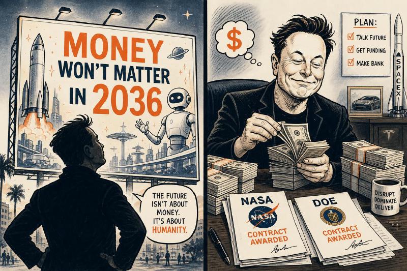Political cartoon split panel: a billboard reading money won't matter in 2036 on one side, and on the other a billionaire counts cash stacks and government contract checks.
