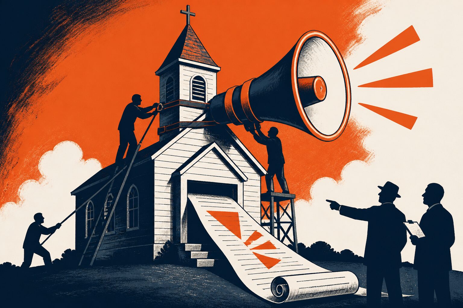 Editorial cartoon: a church steeple being fitted with a campaign megaphone while a 1971 resolution scroll is rewritten into a 1980 wedge issue.