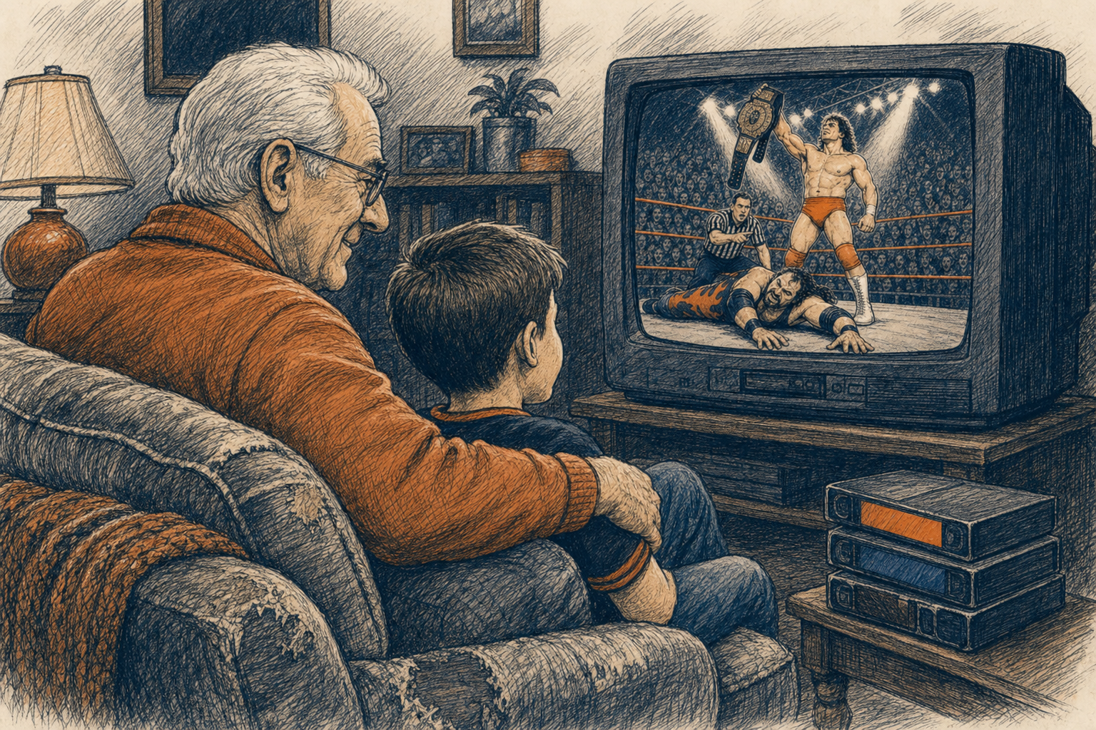 Editorial illustration of a grandfather and a boy on a couch watching wrestling on a CRT television, with a stack of VHS tapes on the floor beside them.