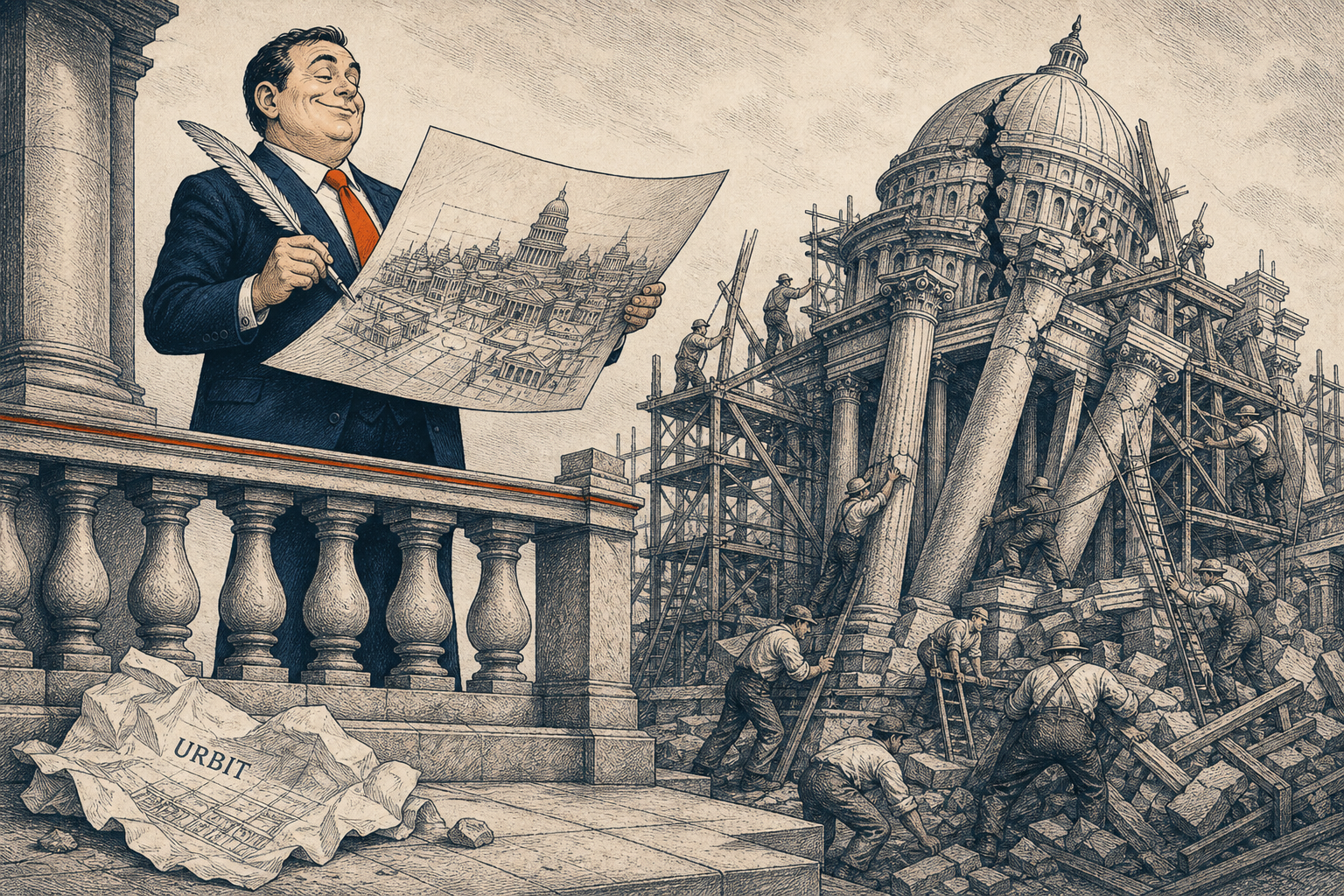 Editorial cartoon: a theorist on a safe stone balcony holds a pristine city blueprint and a quill while workers shore up a cracked Capitol-like dome below; a crumpled blueprint labeled URBIT lies at his feet.