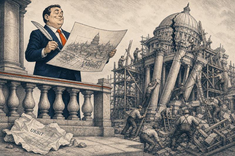 Editorial cartoon: a theorist on a safe stone balcony holds a pristine city blueprint and a quill while workers shore up a cracked Capitol-like dome below; a crumpled blueprint labeled URBIT lies at his feet.