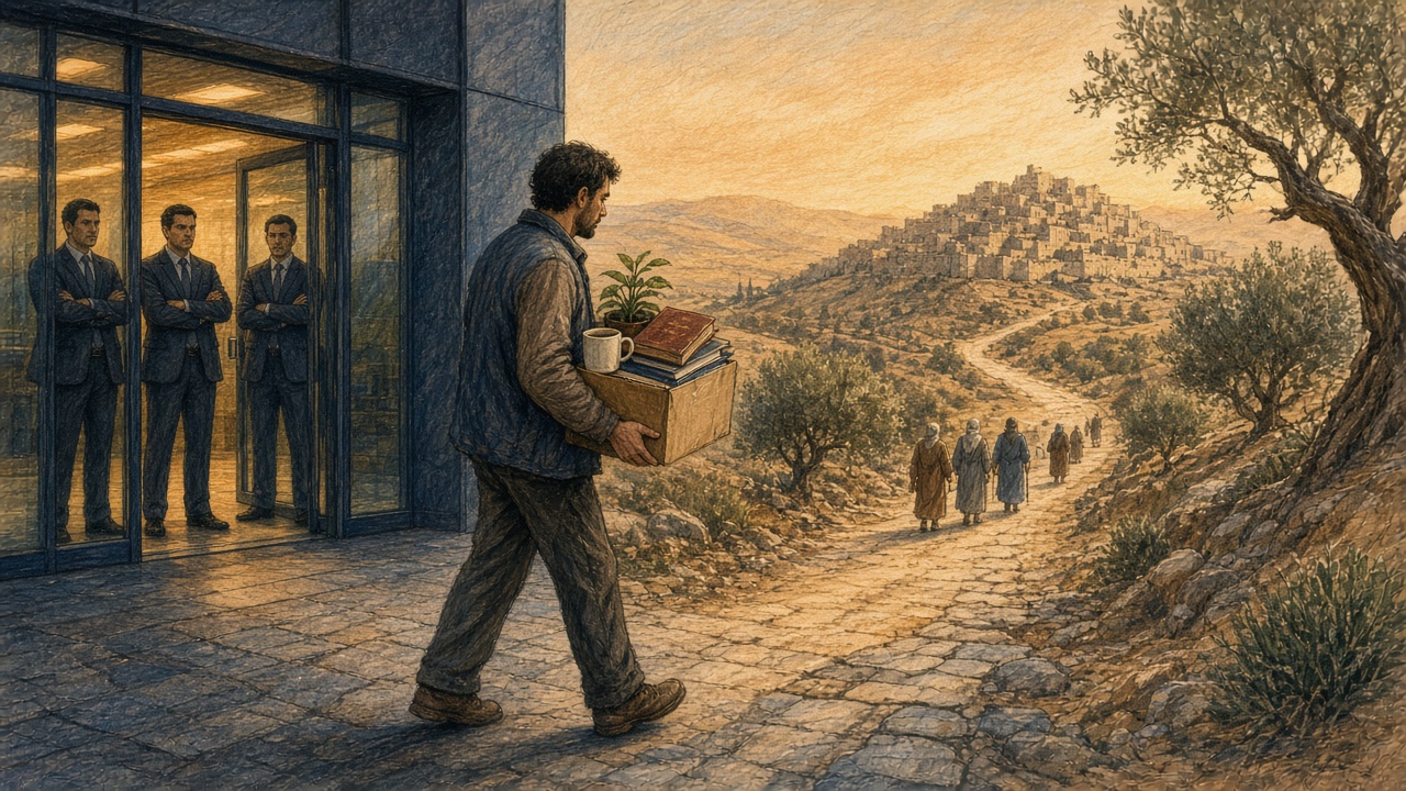 Colored-pencil illustration: three men in suits stand with arms crossed behind the glass doors of a modern office, watching a man walk away carrying a cardboard box holding a mug, a small plant, and a Bible. The paved sidewalk under his feet turns into an ancient dirt road through olive trees and rocky hills, where a small group of robed first-century travelers walks ahead of him toward a walled hilltop city in golden evening light.