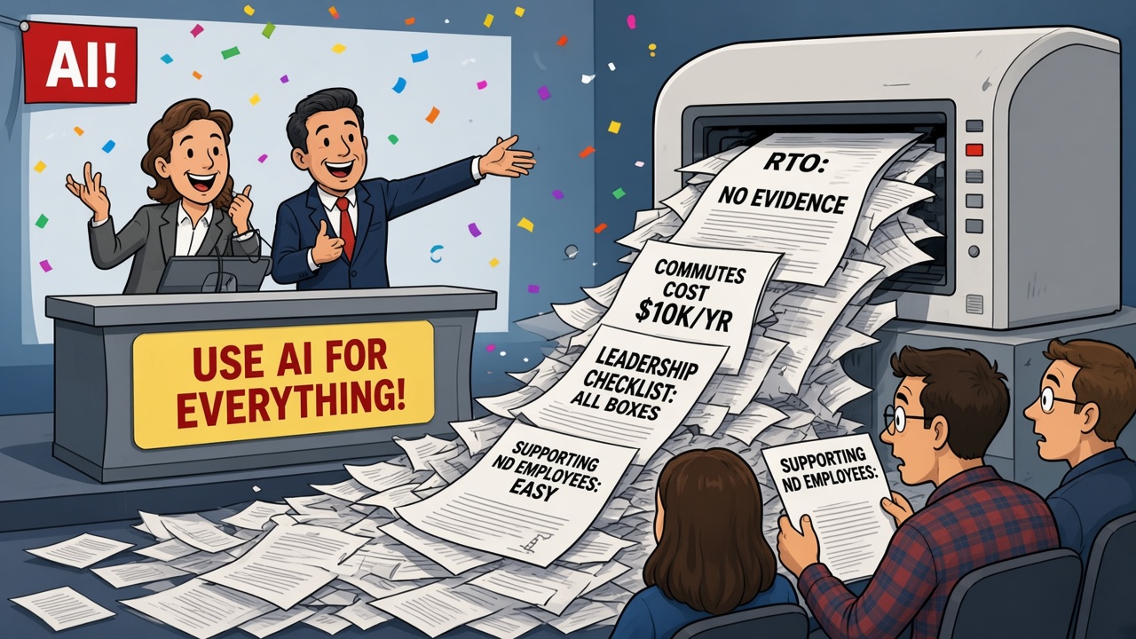 Editorial cartoon: two beaming executives under confetti present at a podium labeled use AI for everything, while behind them a giant AI machine spills a cascade of printouts reading RTO no evidence, commutes cost ten thousand a year, leadership checklist all boxes, and supporting ND employees easy — pages the executives ignore as developers in the front row read them.