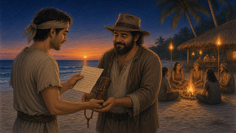Colored-pencil illustration: on a beach at dusk, a young castaway in a head bandana holds out a handwritten letter and presses a small carved wooden idol into the cupped hands of a bearded man in a battered hat, who looks down with a faint smile. Behind them, women sit around a campfire under torches and a thatched shelter, paying no attention.