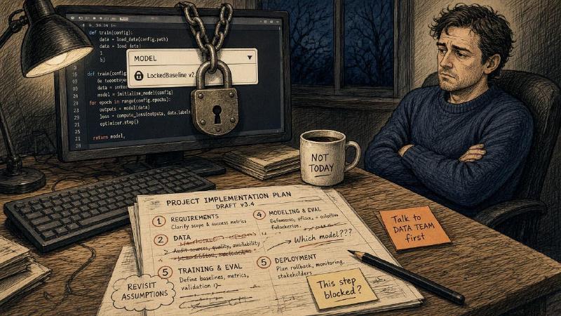 Editorial illustration: a man in a navy sweater sits back from his desk at night, arms crossed. On the desk, a printed implementation plan is covered in handwritten edits, crossed-out lines, and sticky notes, one asking which model. On the monitor behind it, a dropdown labeled MODEL is chained shut with a heavy padlock, stuck on one option.