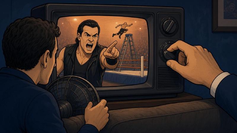 Editorial cartoon: in a dim navy living room, a snarling wrestler in a black vest shouts and points out of an old boxy television set while a fan, seen from behind, leans toward the screen. A hand in a navy suit sleeve reaches in from the right edge of the frame and turns the TV's volume knob down. On the screen behind the heel, a small wrestler leaps off the top of a tall ladder over the ring.