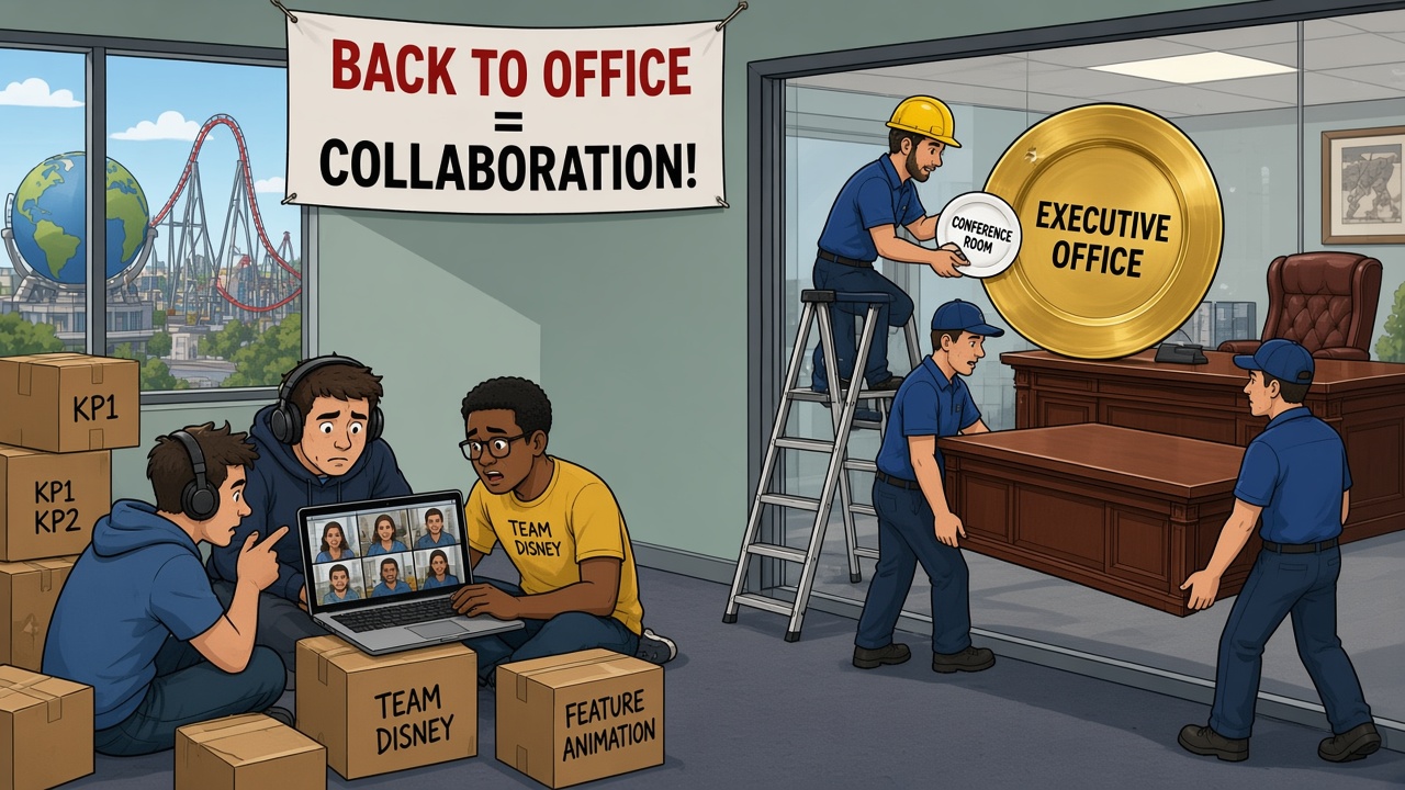 Editorial cartoon: under a banner reading back to office equals collaboration, movers install a huge executive desk in a glass room while a worker swaps its conference room sign for a gold executive office plate; a software team huddles on the floor taking a video call on a laptop atop moving boxes labeled KP1, KP2, Team Disney, and Feature Animation, with a theme park visible across the street.