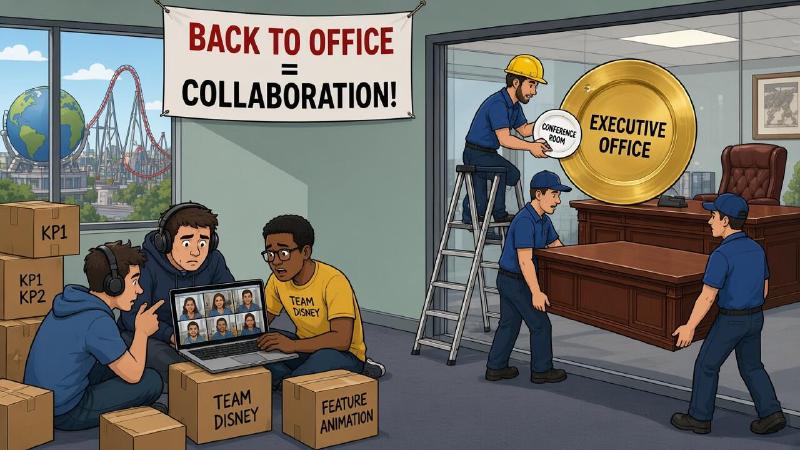 Editorial cartoon: under a banner reading back to office equals collaboration, movers install a huge executive desk in a glass room while a worker swaps its conference room sign for a gold executive office plate; a software team huddles on the floor taking a video call on a laptop atop moving boxes labeled KP1, KP2, Team Disney, and Feature Animation, with a theme park visible across the street.