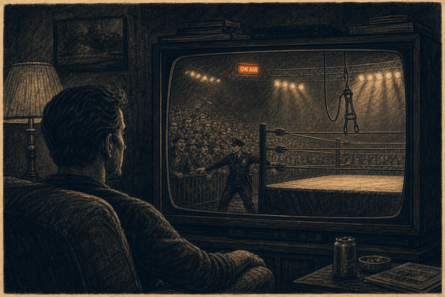 Editorial illustration: a living-room television shows a wrestling ring under an ON AIR light; in the aisle a policeman holds a crowd, and an unused safety harness hangs from the arena lights.