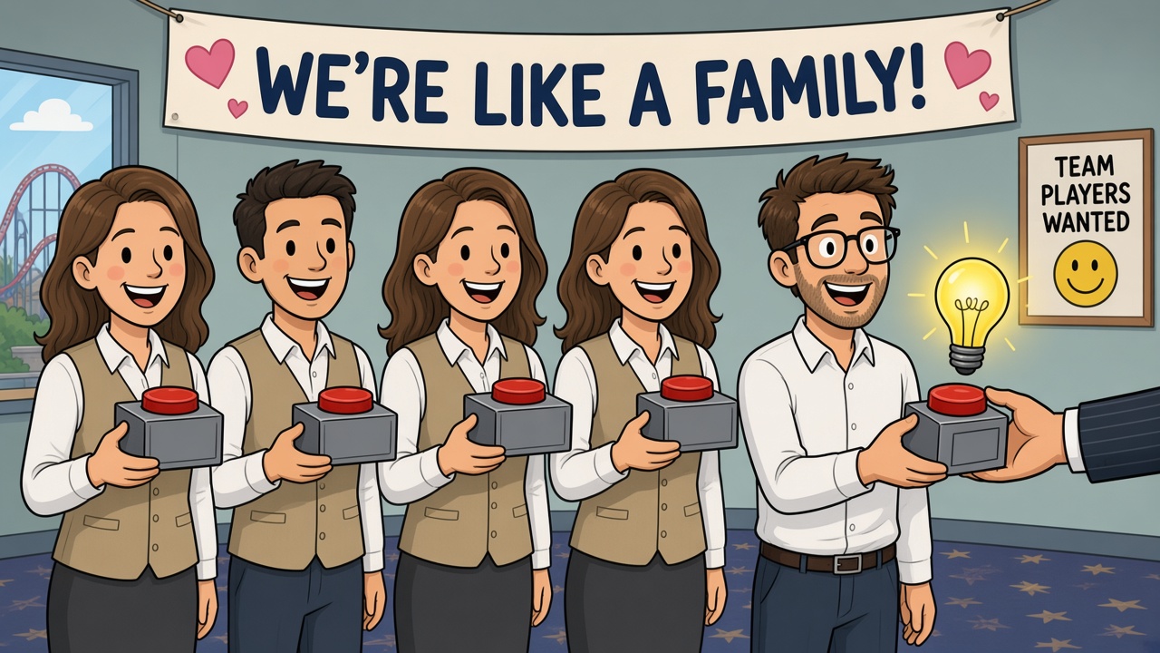 Editorial cartoon: under a banner reading we're like a family, four identical smiling employees in matching vests each hold a camera reduced to one giant red button, while a fifth employee in glasses with a glowing lightbulb beside him is handed the same button device by a suited arm, next to a poster reading team players wanted with a smiley face.