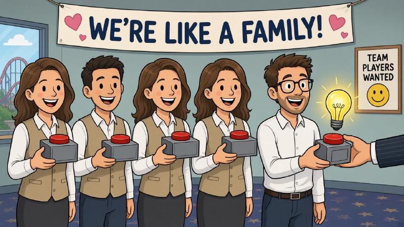 Editorial cartoon: under a banner reading we're like a family, four identical smiling employees in matching vests each hold a camera reduced to one giant red button, while a fifth employee in glasses with a glowing lightbulb beside him is handed the same button device by a suited arm, next to a poster reading team players wanted with a smiley face.