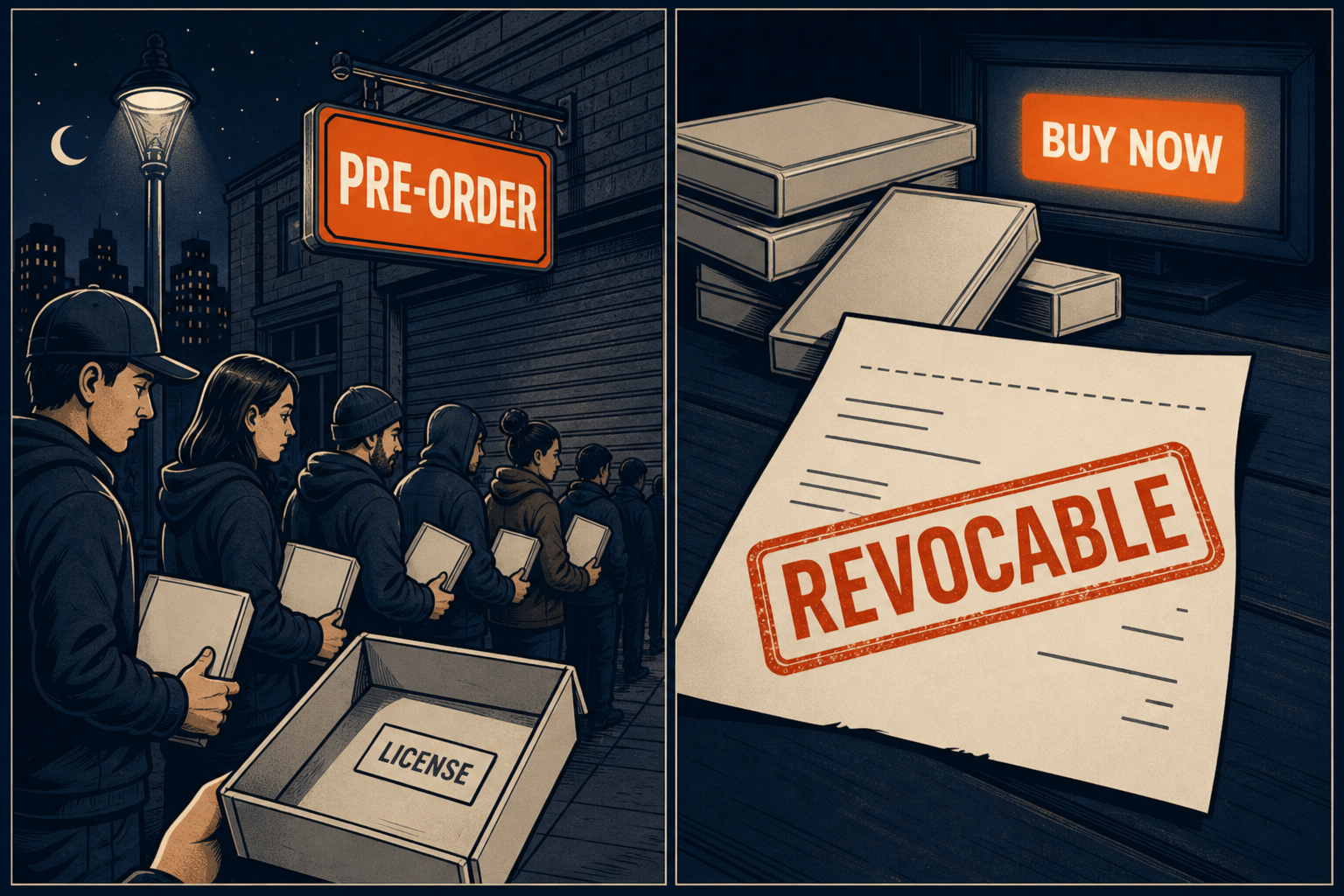 Editorial cartoon: a midnight line clutches empty retail boxes; an open box holds a slip labeled LICENSE, a PRE-ORDER sign glows orange, and a receipt is stamped REVOCABLE.