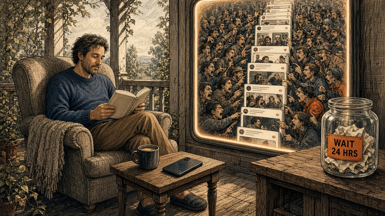 Editorial cartoon: a man in a navy sweater reads a paperback in an armchair on a sunny porch, his phone face-down beside a cup of coffee. Through the window behind him, a giant glowing screen holds an endless stack of feed posts and a crowd of tiny people shouting and pointing. On a shelf in the foreground sits a glass jar labeled WAIT 24 HRS, full of crumpled paper.