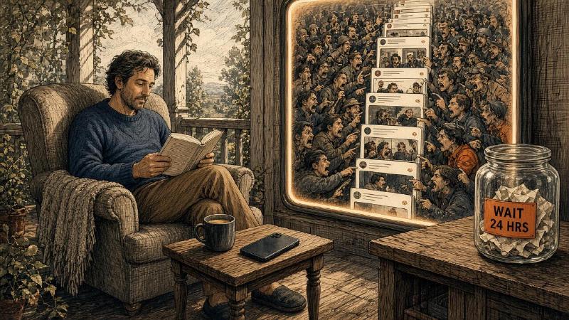 Editorial cartoon: a man in a navy sweater reads a paperback in an armchair on a sunny porch, his phone face-down beside a cup of coffee. Through the window behind him, a giant glowing screen holds an endless stack of feed posts and a crowd of tiny people shouting and pointing. On a shelf in the foreground sits a glass jar labeled WAIT 24 HRS, full of crumpled paper.