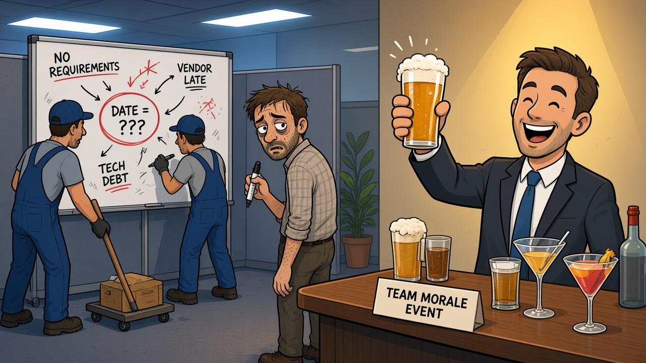 Editorial cartoon: a beaming manager in a suit raises a beer beside a table of drinks and a Team Morale Event sign, while movers wheel away a whiteboard scrawled with no requirements, vendor late, date equals question marks, and tech debt, as an exhausted developer looks back still holding the marker.