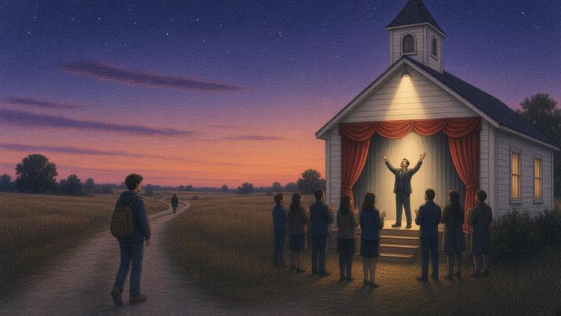 Colored-pencil illustration of the same small white clapboard country church at nightfall under an indigo sky with a few stars. Red theater curtains frame its open front doors, and a spotlight shines on a man in a dark suit standing on the steps with both arms raised in prayer while a small crowd in front of him applauds. In the foreground, a teenager in a hoodie with a backpack walks away down the dirt road, and far ahead another lone figure is already walking toward the horizon.