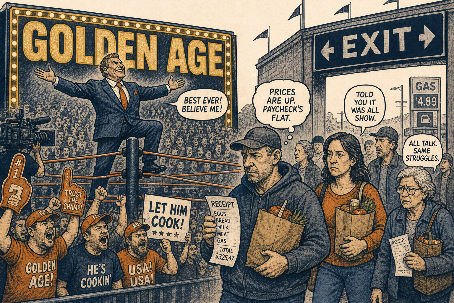 Editorial cartoon: a politician poses under a GOLDEN AGE arena billboard while a hardcore section still cheers and people with grocery bags walk toward the exits.