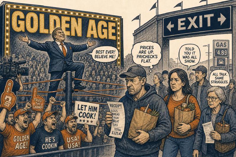 Editorial cartoon: a politician poses under a GOLDEN AGE arena billboard while a hardcore section still cheers and people with grocery bags walk toward the exits.