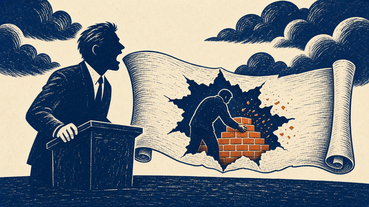 Editorial cartoon: a speaker at a podium shouts while a smaller figure bricks shut a hole torn in the speech-scroll behind him.