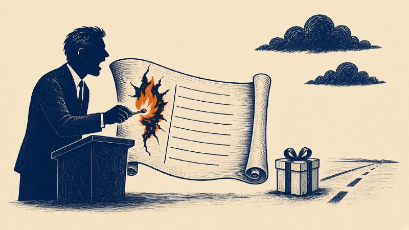 Editorial cartoon: a speaker at a podium lights a match to a paper schedule while a wrapped gift and an empty coastal road sit unused behind him.