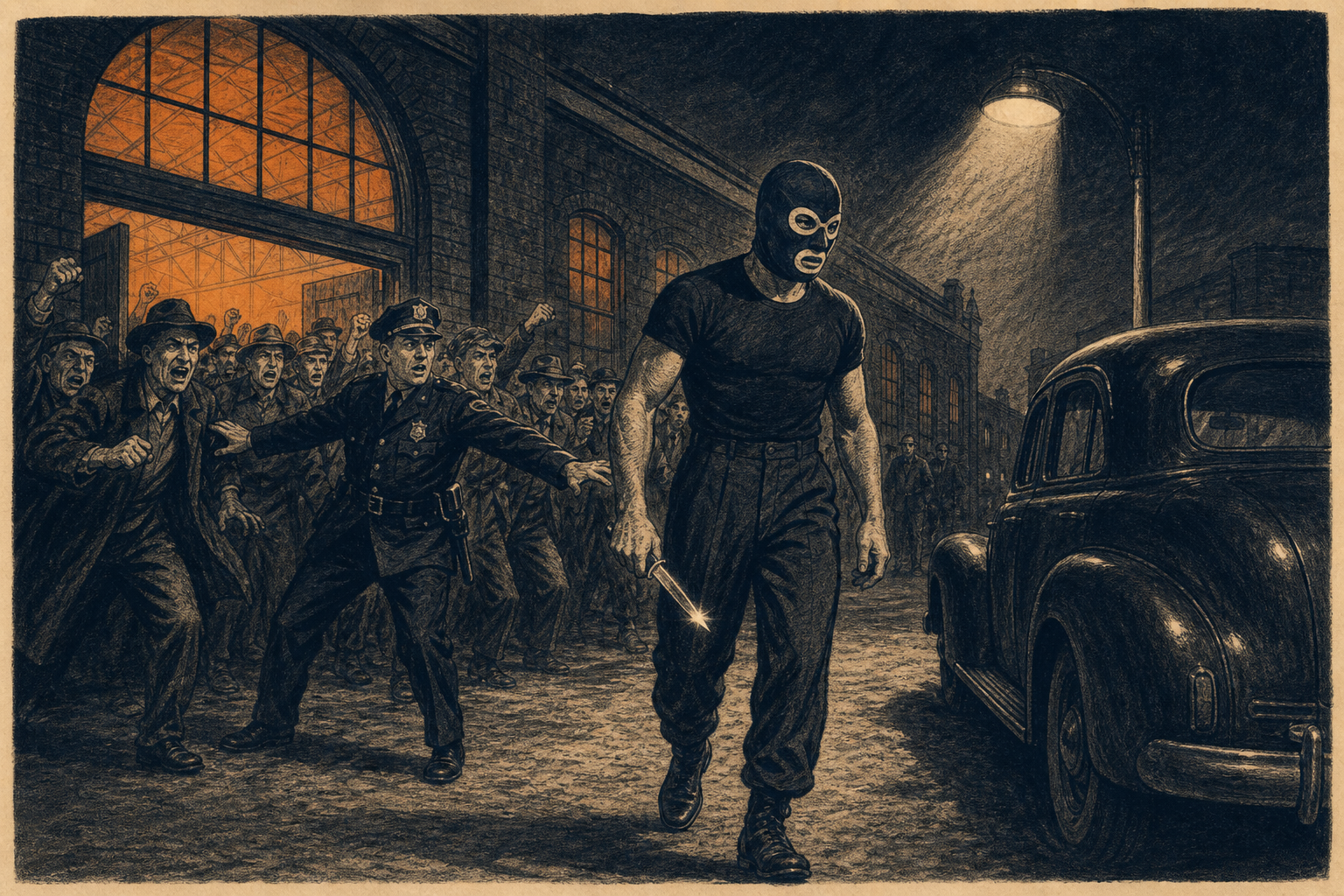 Editorial illustration of a lean masked wrestler walking toward a 1940s sedan at night, a knife catching the streetlight, while a policeman holds back an angry crowd spilling from a brick arena.