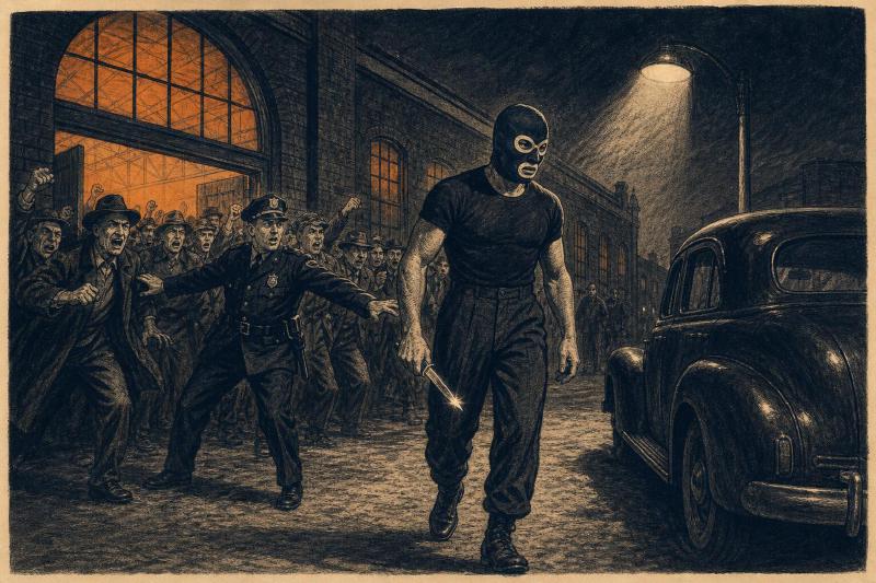Editorial illustration of a lean masked wrestler walking toward a 1940s sedan at night, a knife catching the streetlight, while a policeman holds back an angry crowd spilling from a brick arena.