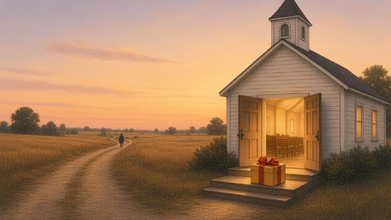 Colored-pencil illustration of a small white clapboard country church at dusk under an orange and lavender sky. Its two wooden front doors stand wide open, and warm lamplight falls across rows of empty pews inside and down the wooden steps. On the steps sits a gift box wrapped in gold paper with a red ribbon and bow. To the left, a dirt road winds back through dry grass, and far down it a lone figure walks toward the church.