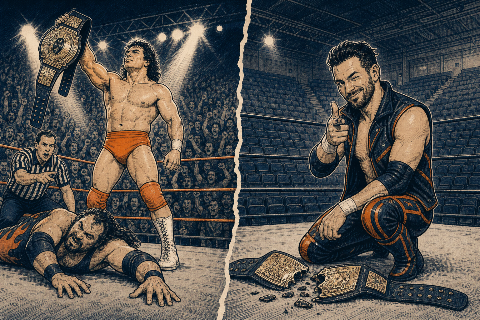 Editorial cartoon of a wrestling ring split in two: on one side a roaring crowd watches a classic heel get beaten by a hero; on the other side an empty arena with a wrestler winking at the camera and a broken championship belt on the mat.