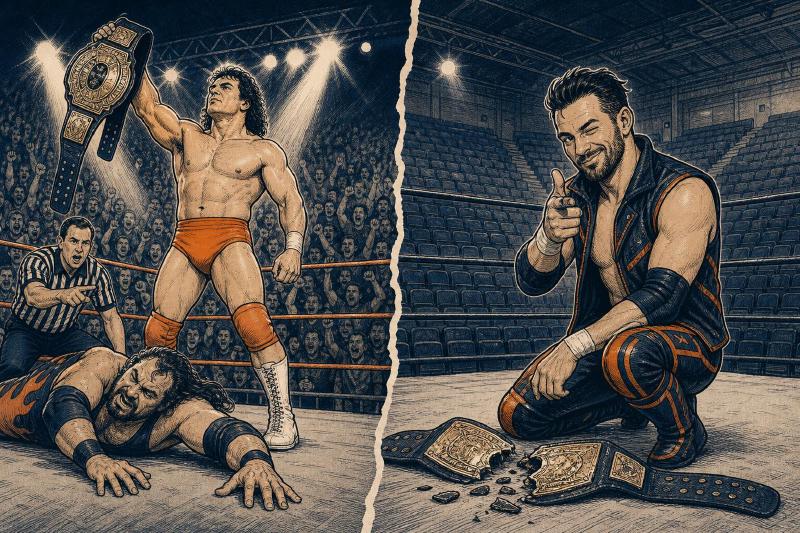 Editorial cartoon of a wrestling ring split in two: on one side a roaring crowd watches a classic heel get beaten by a hero; on the other side an empty arena with a wrestler winking at the camera and a broken championship belt on the mat.