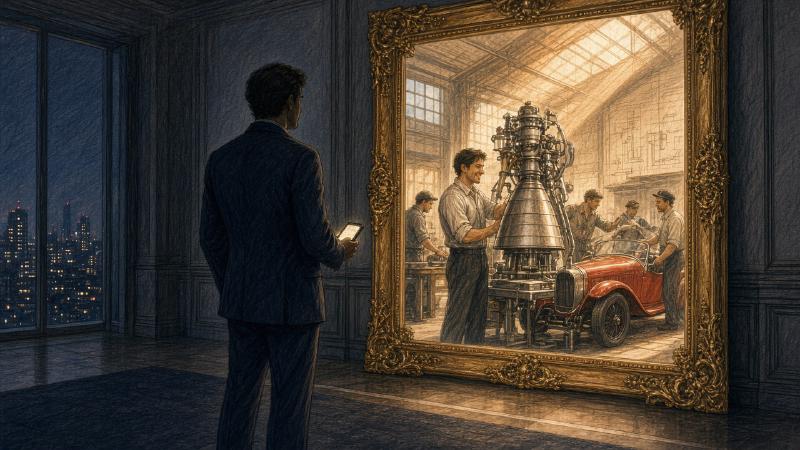 Colored-pencil illustration: a man in a dark suit stands alone in a dim penthouse at night, city lights behind him and a glowing phone in his hand, facing a large gilded mirror. Instead of his reflection, the mirror shows a sunlit workshop where a younger, smiling version of him stands beside a rocket engine with engineers in work clothes and a red roadster.