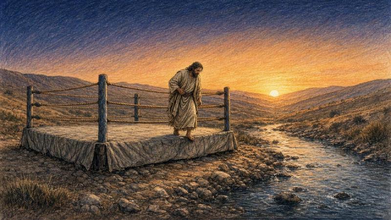 Colored-pencil illustration: an empty wrestling ring with wooden posts and thick hemp ropes stands on a rocky riverbank beside a shallow stream at dawn, dry hills behind it. The sun is just clearing the horizon under a navy sky streaked with orange. A bearded man in rough, plain robes steps along the scuffed apron, bent forward, one hand pressed to his hip, limping.