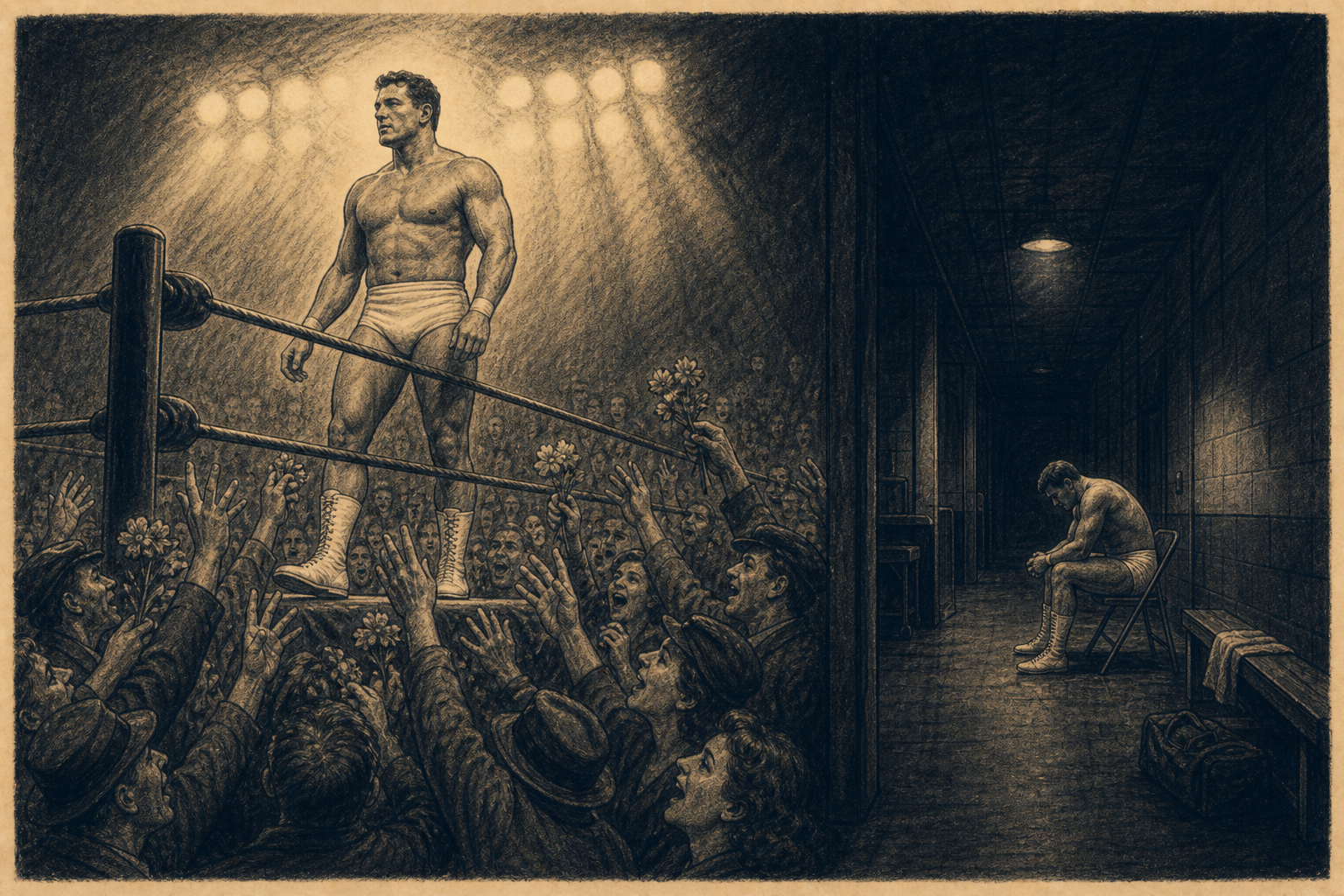 Split editorial illustration: on the left a wrestler sits alone on a stool in a dark locker room; on the right the same man stands in a brightly lit ring while a crowd reaches up toward him.