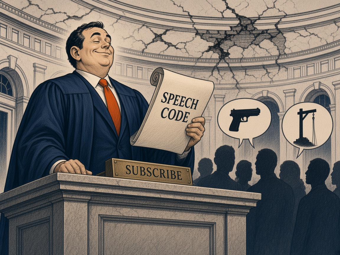 Editorial cartoon: a man in academic robes stands at a lectern stamped SUBSCRIBE, eyes closed, a SPEECH CODE scroll in one hand, while a crowd in the dark below fills speech bubbles with a gun and a gallows.